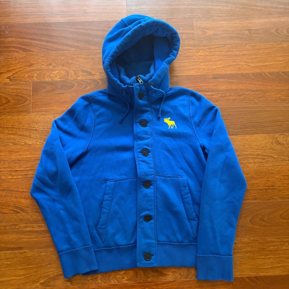 Abercrombie & Fitch Mens XL Blue Muscle Fit Button Zip Fleece Hoodie Moose Logo